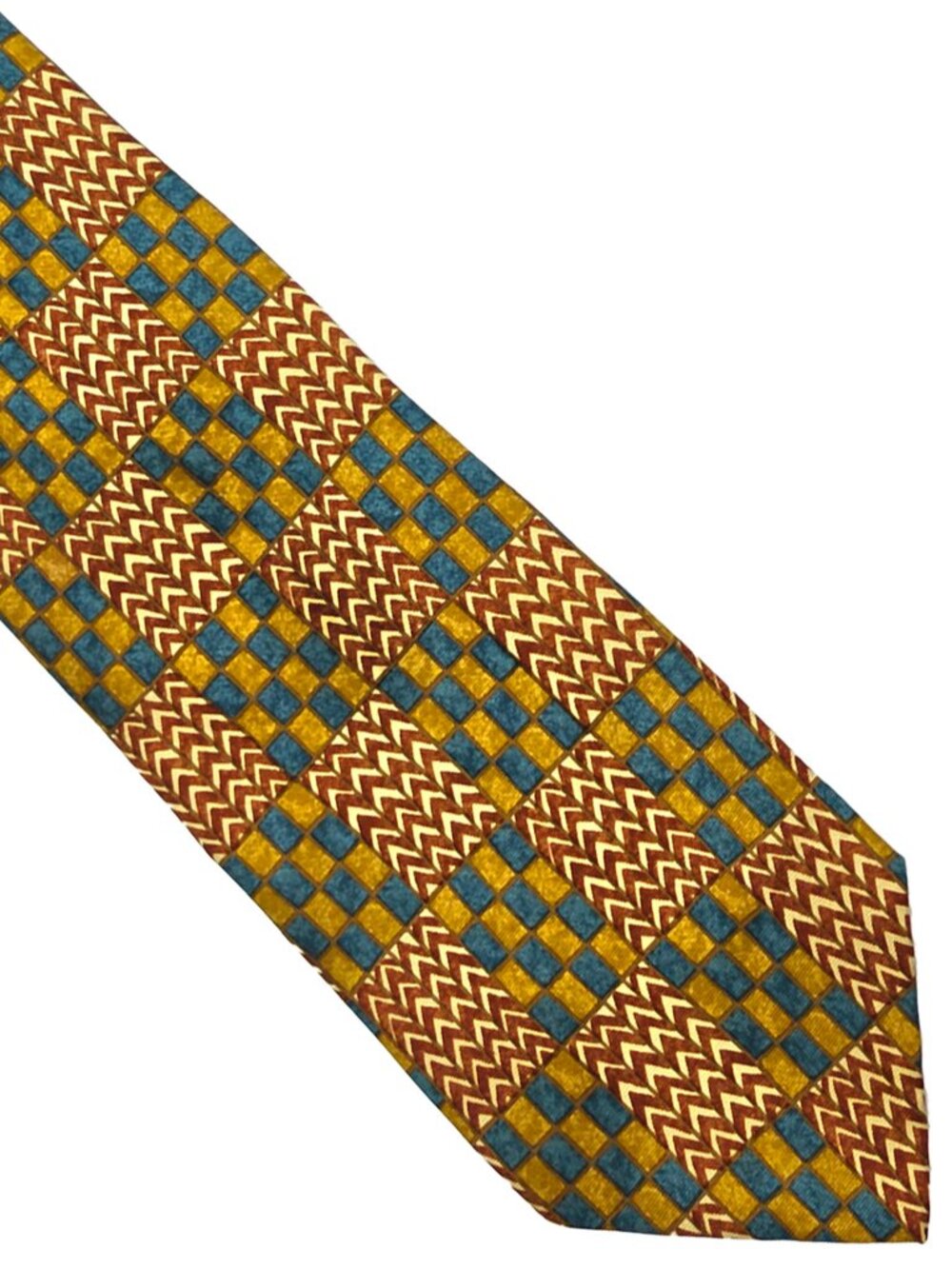 Joseph Abboud JA II Gold Aqua Blue Brown Geometric Silk Tie Necktie 4 x 55 Vtg